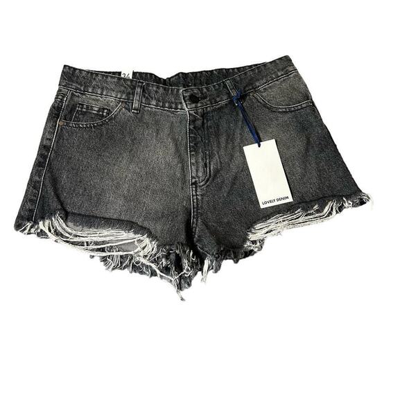 Lovely Denim Short Womens 32 Black Mom‎ Denim Distressed Raw Hem Shorts MSRP $80 - Picture 1 of 10